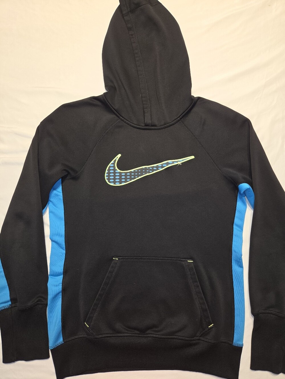 Nike Black Hoodie with Bright Blue Side Panels and Neon Logo. S